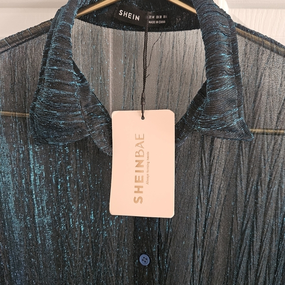 NWT SHEIN Bae Drop Shoulder Glitter See Through Mesh Button Front Shirt - Picture 11 of 14